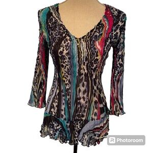 ALBERTO MAKALI TOP BLOUSE BLUE WHITE BEADED CRINKLE 3/4 SLEEVE tagged M S fit